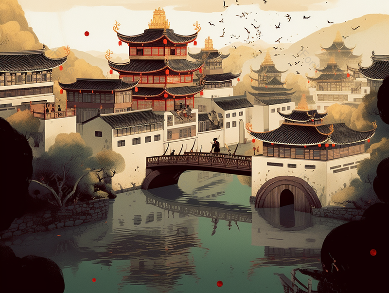 水乡古建筑全景图中国风古建筑中国画背景,插画/手绘图,插画/手绘图库,插画/手绘图下载,插画/手绘